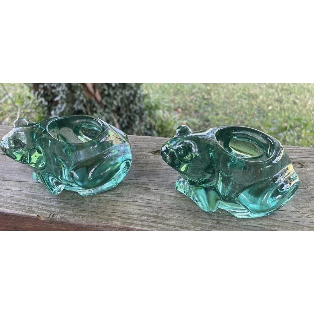 Vintage Green Indiana Glass Frog Votive Candle Holders Paperweight Lot of 2